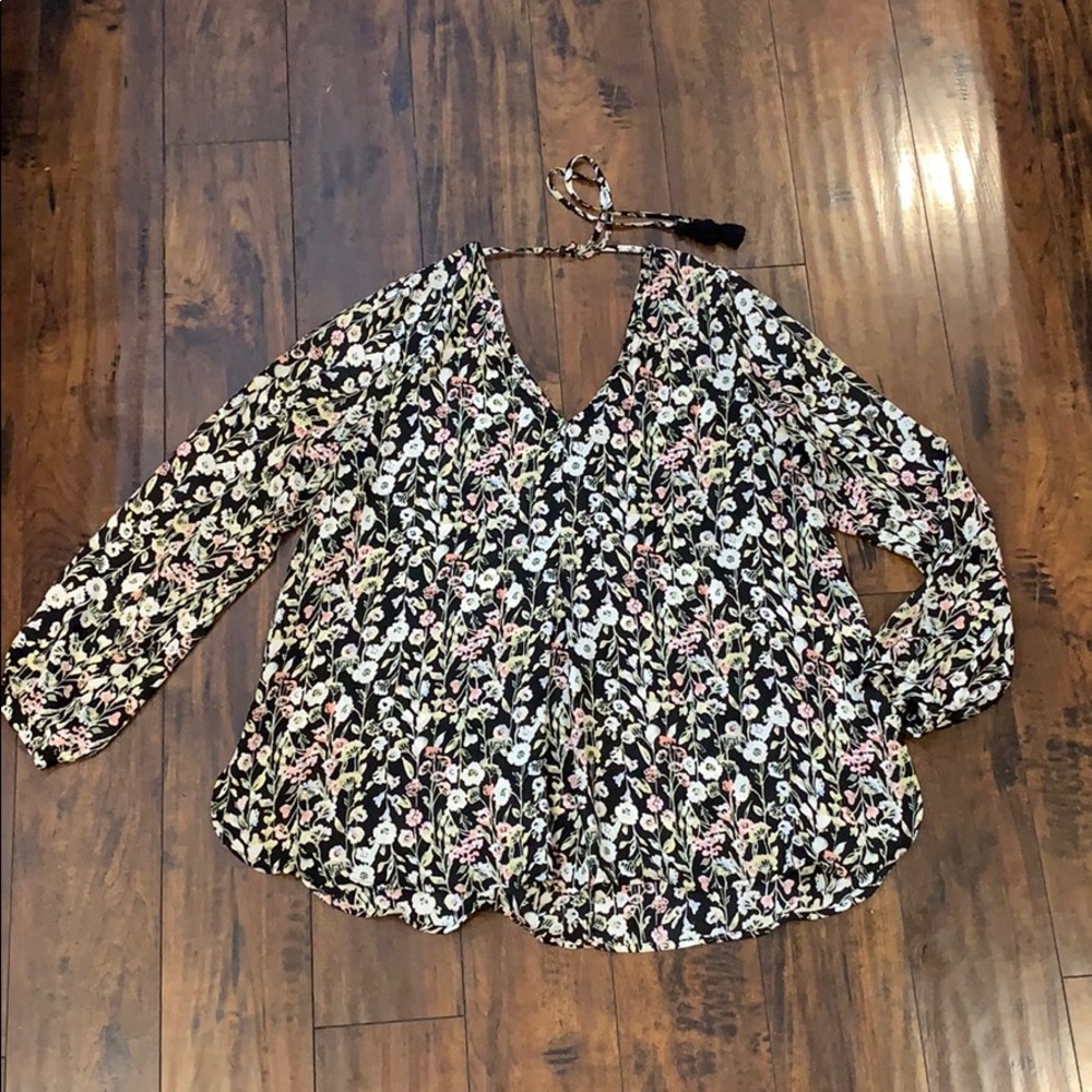 Black Floral Peasant Top